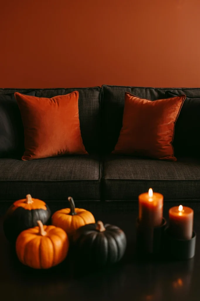  A halloween apartment living room with a strict black and orange palette — pumpkins, candles, and throw pillows all cohesively matched