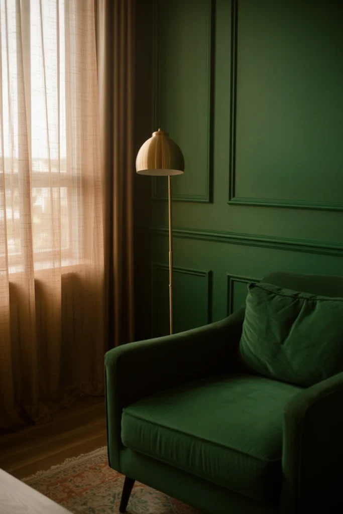 Deep emerald green accent wall in a whimsigoth living room