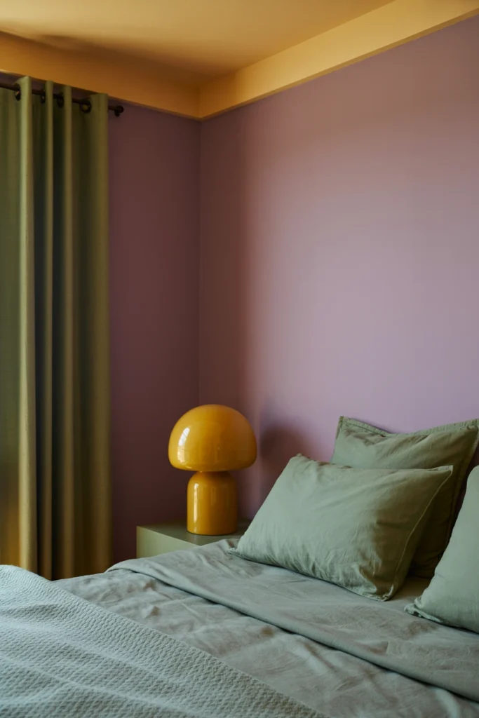 Bedroom with lavender walls, sage textiles, and yellow accent lamp