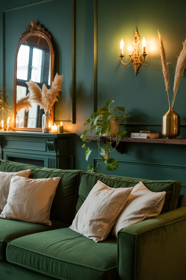 Moody whimsigoth living room with deep green walls, brass accents, and layered candlelight