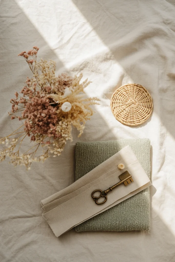 Mood board showing cottagecore whimsy room theme with florals and rattan