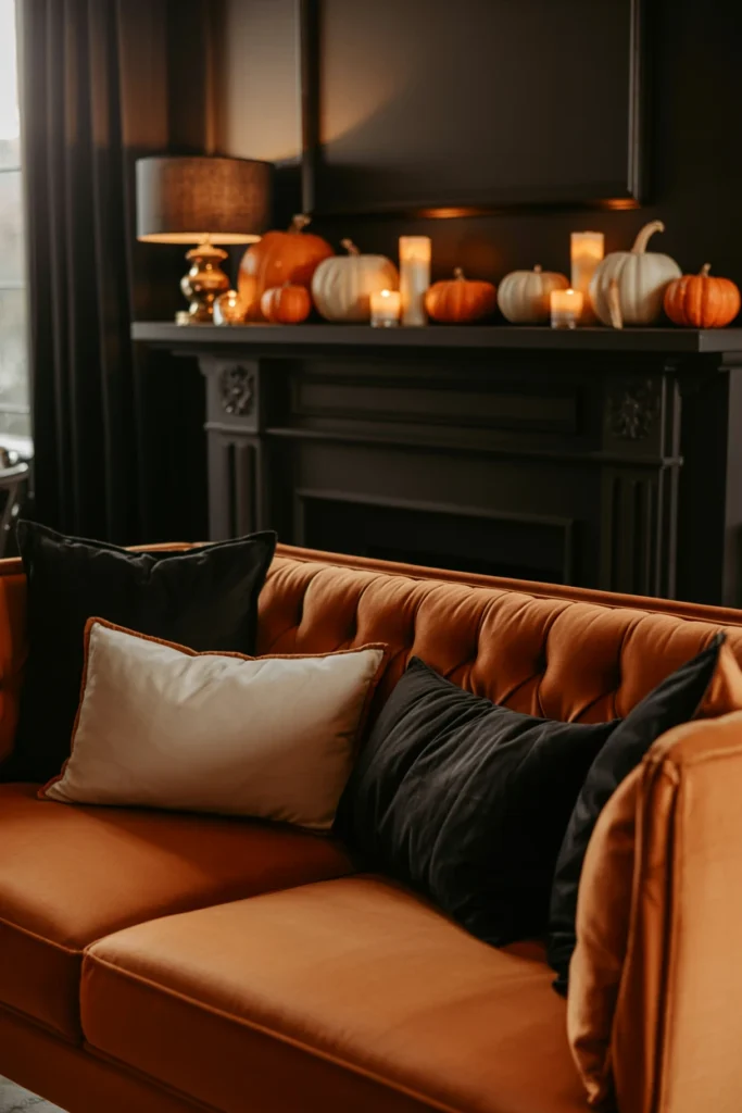 Elegant halloween living room with black and orange styling