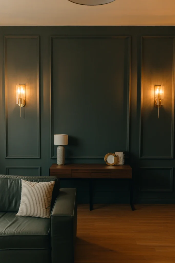Living room with deep charcoal walls and brass wall sconces