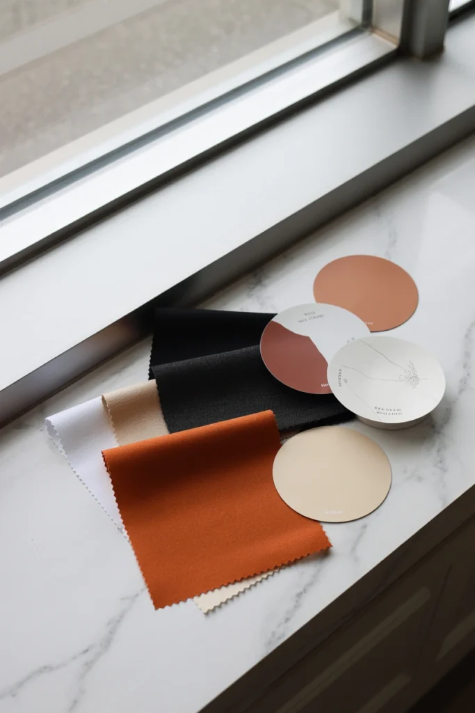  Black, orange, and cream color palette swatches for Halloween kitchen decor