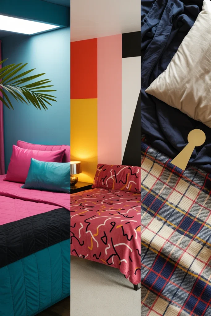 Moodboard showing Miami Vice, Memphis Milano, and preppy 80s bedroom sub-styles side by side