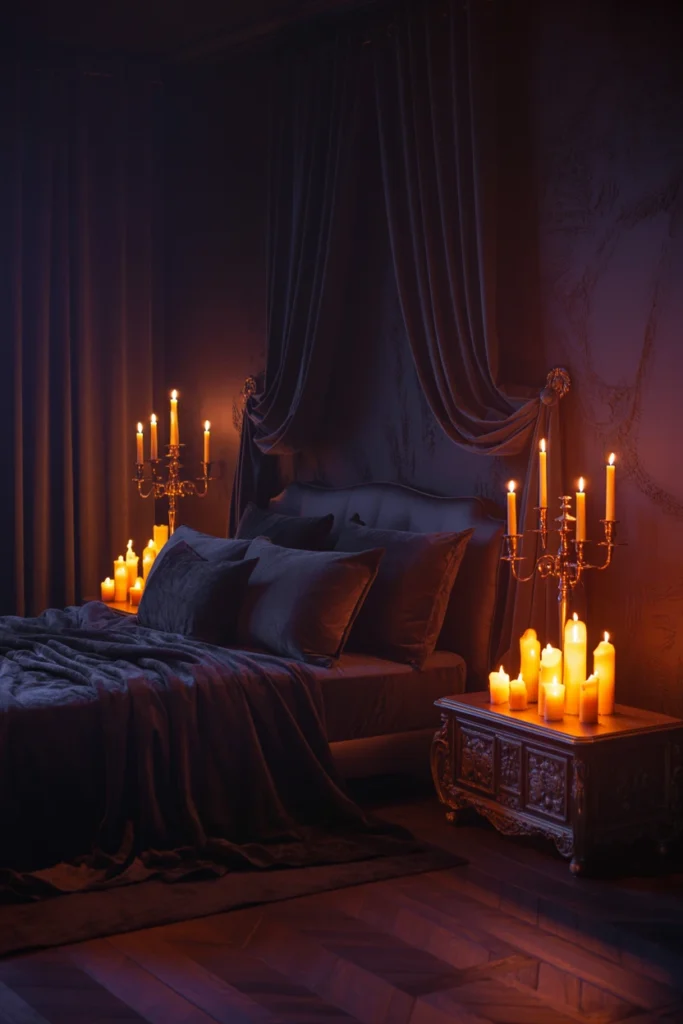Moody Halloween bedroom with amber lighting and black accents