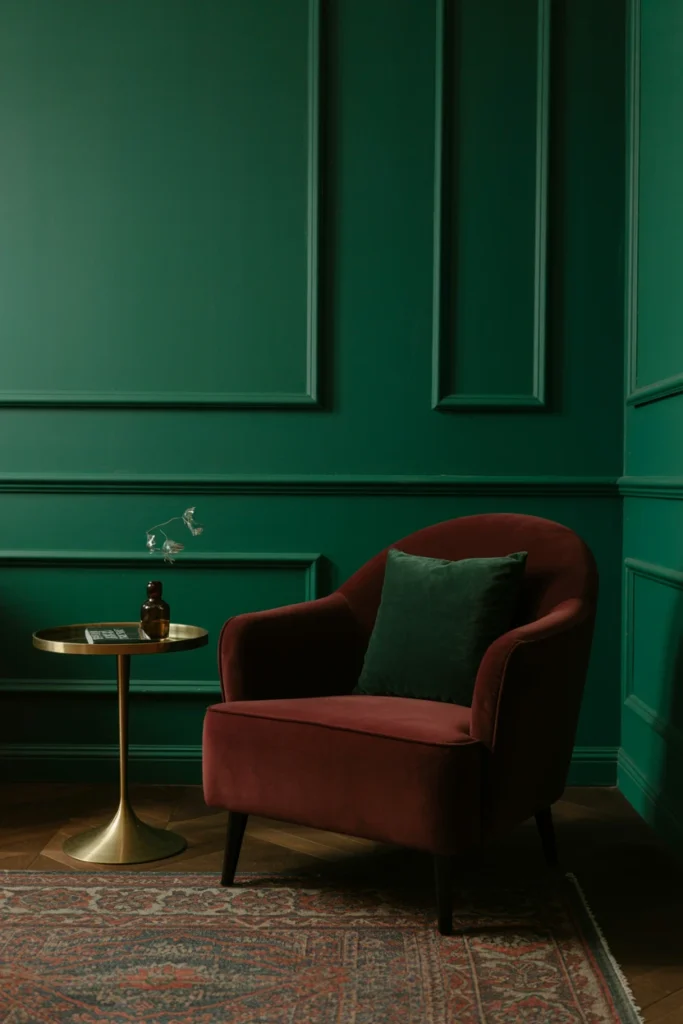 Whimsigoth living room with emerald green walls and deep burgundy accents