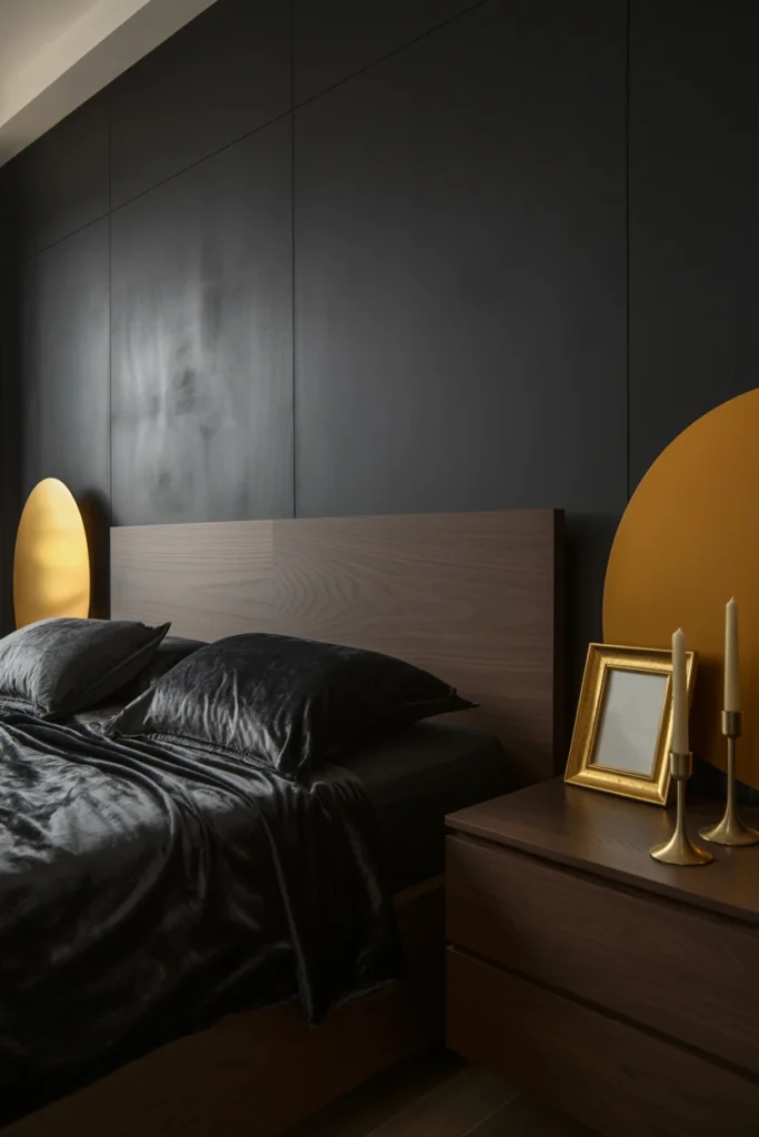 Dark charcoal bedroom wall with black furniture and gold accents