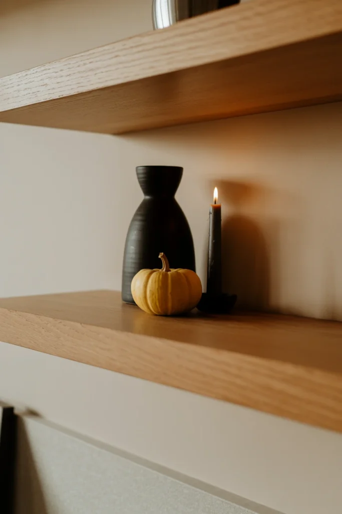 Floating kitchen shelf styled with black vases and mini pumpkins