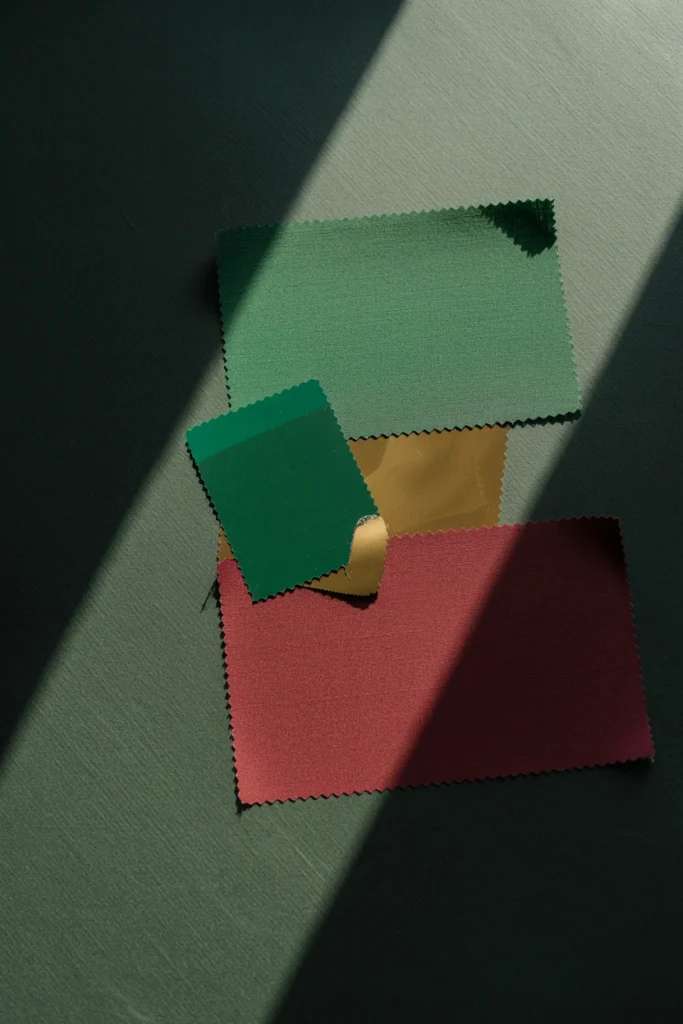 Emerald, burgundy, and gold color palette swatches for whimsigoth decor