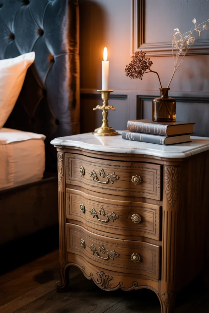 Antique carved wood nightstand with brass hardware