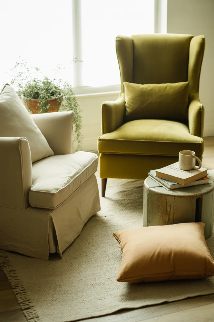 Asymmetrical seating cluster with mismatched chair heights