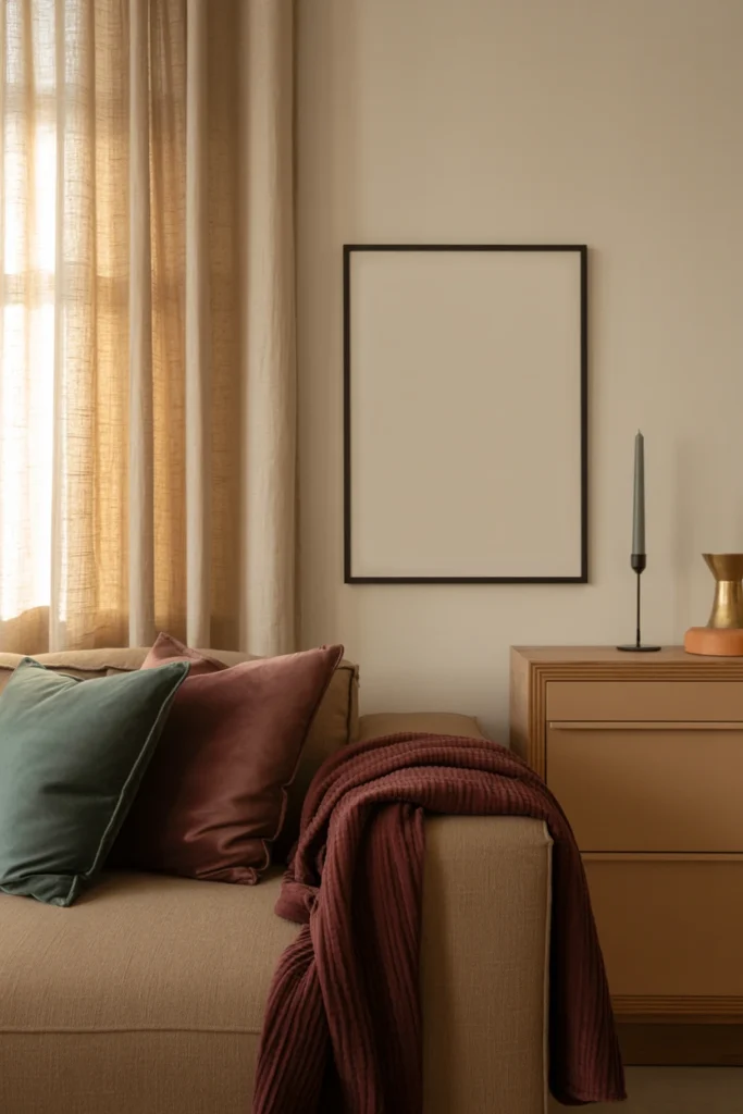 Room with black accents limited to frames, candles, and hardware