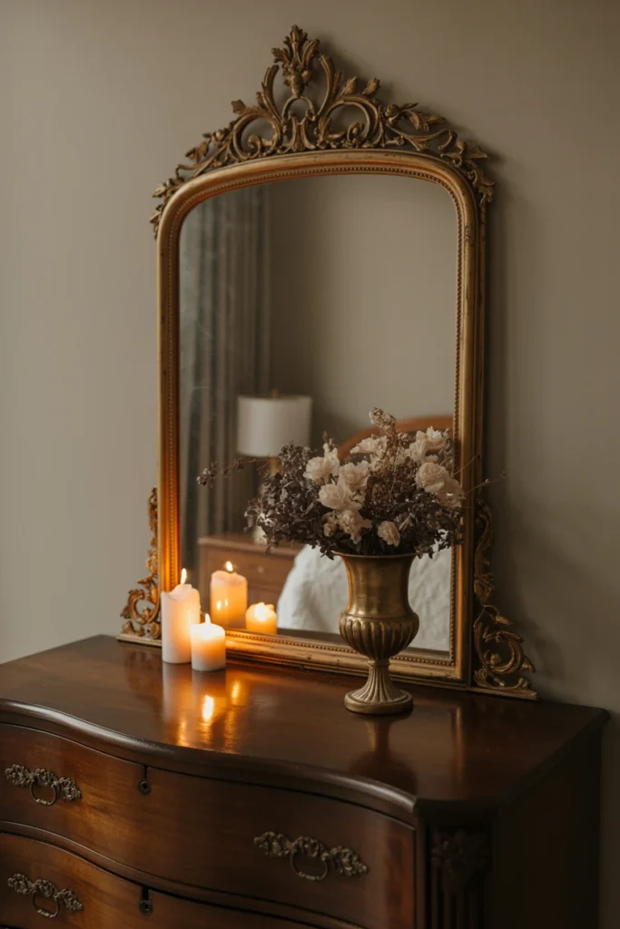 Mount an ornate vintage mirror above the dresser