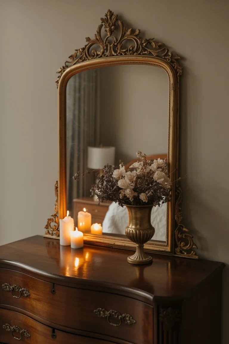 Mount an ornate vintage mirror above the dresser
