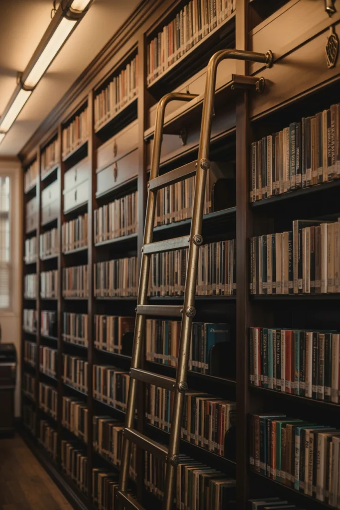 Brass library ladder mounted against a tall bookshelf