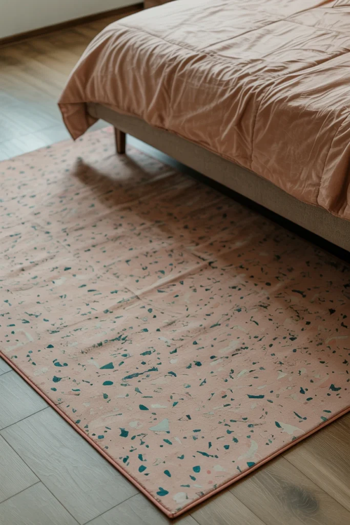 Terrazzo-print area rug centered under an 80s style bed frame