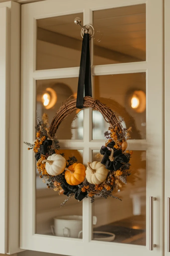 Black and orange Halloween wreath hung on a glass kitchen cabinet door