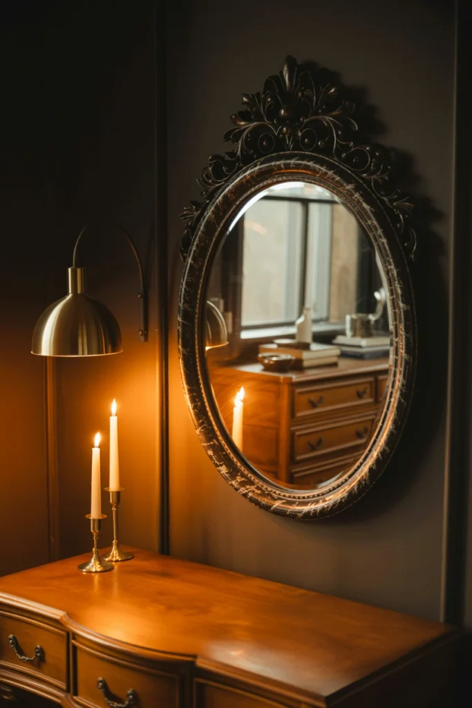Ornate black-framed vintage mirror hung above a dresser