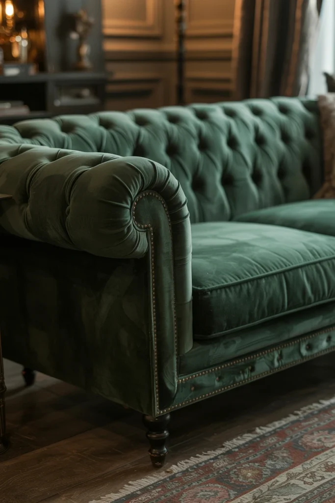 Deep emerald velvet sofa as the living room centerpiece