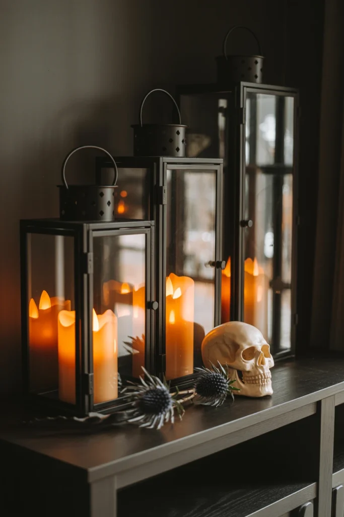 A black metal lantern with an orange flickering LED pillar candle inside, casting a warm refracted glow on a halloween console table