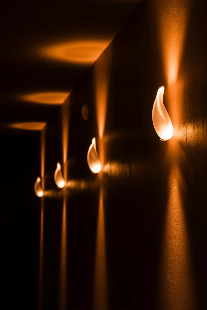 Row of flame-effect wall sconces lining a dark hallway