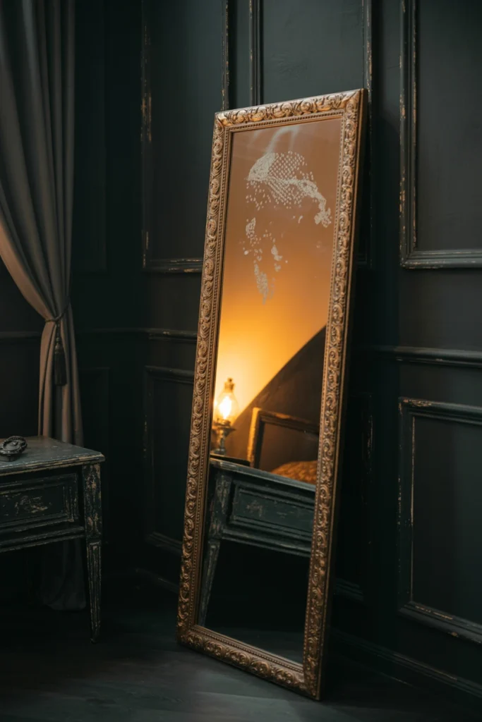Ornate gold-framed floor mirror in a dark gothic bedroom