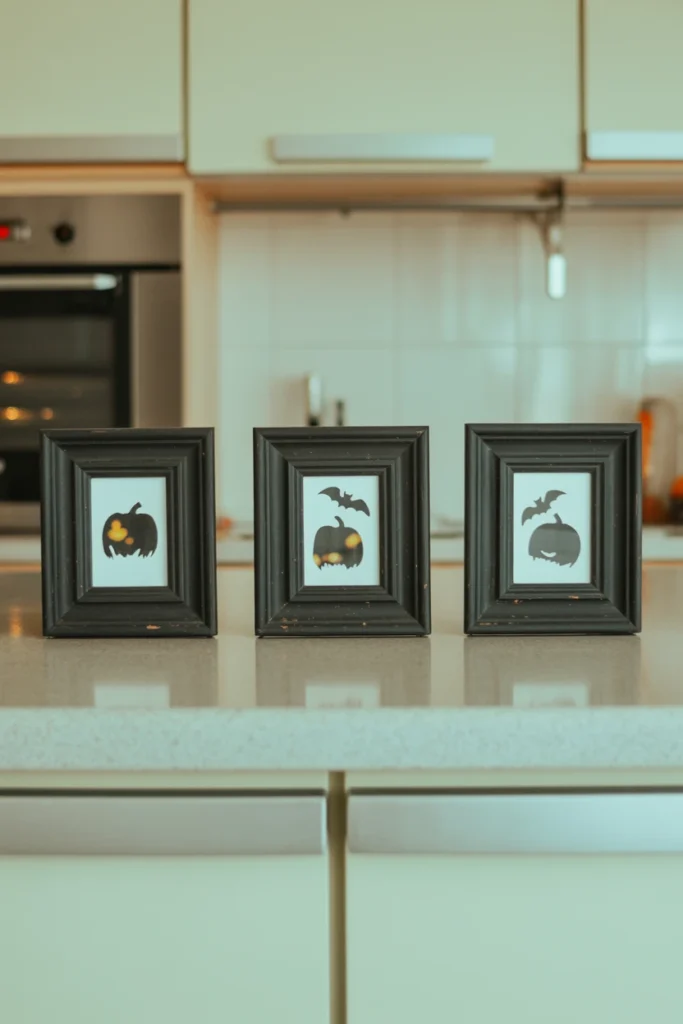 Three small framed Halloween prints on kitchen wall