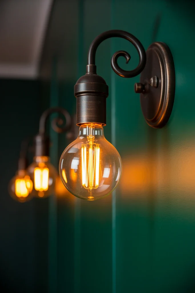 Warm 2200K Edison bulb glowing in a black iron fixture