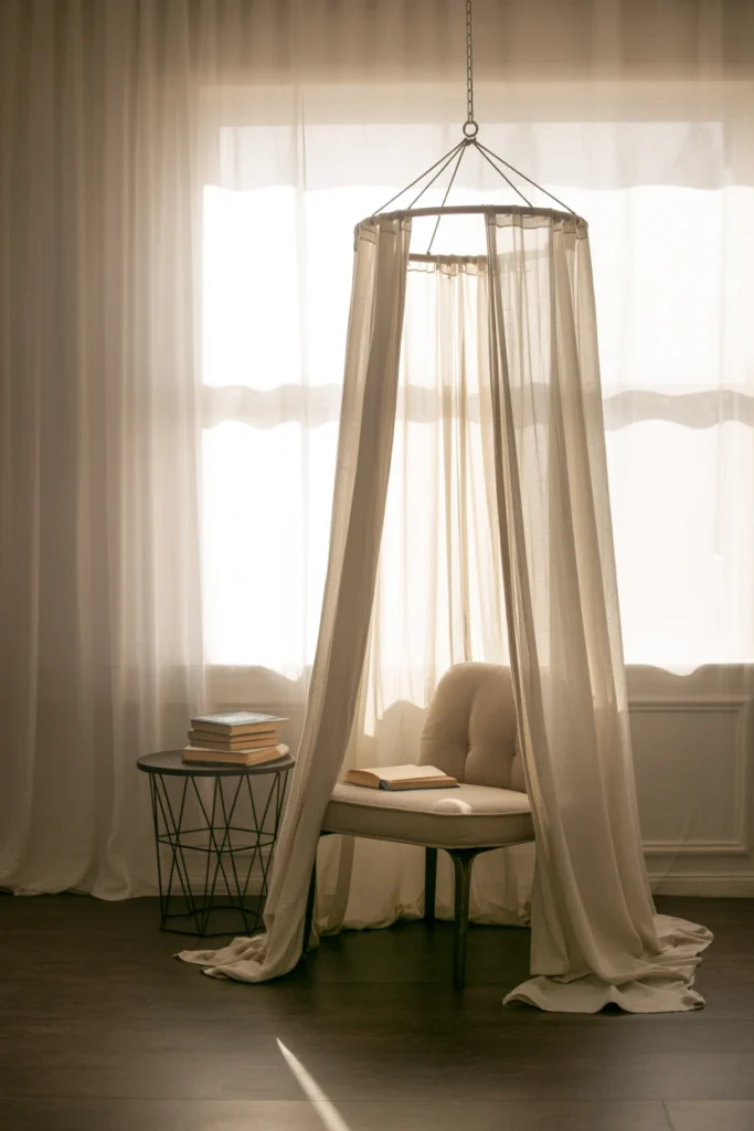 Sheer canopy frame draped over a reading nook chair