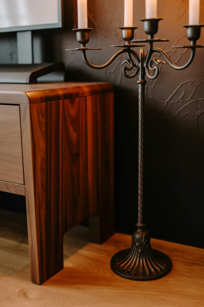 Mix Wrought Iron With Warm Wood Tones