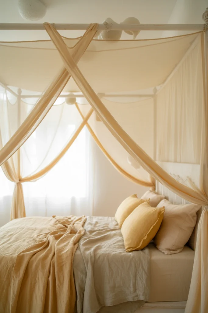 Sheer canopy frame installed over bed with draped fabric