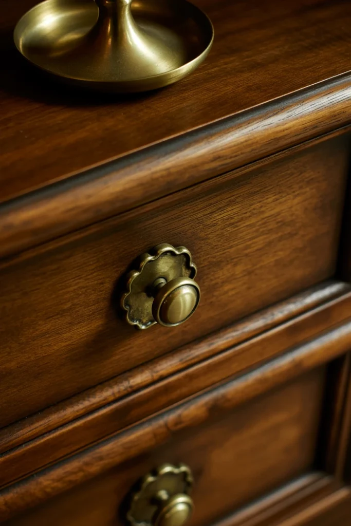 Aged brass drawer pulls and candle holders in a witchy bedroom