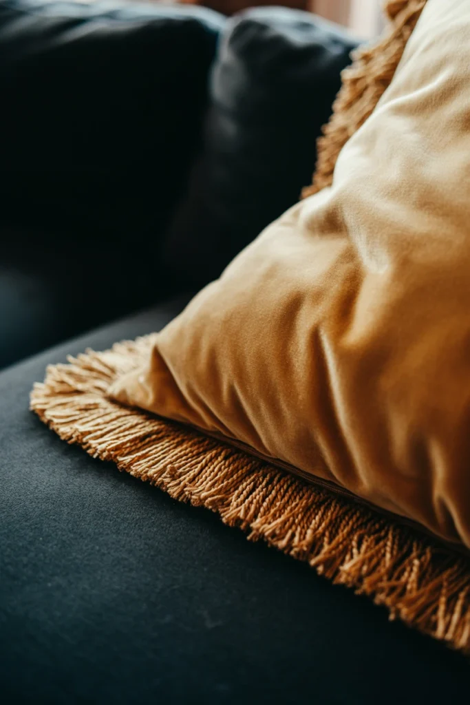 Velvet pillow with bullion fringe trim on dark sofa