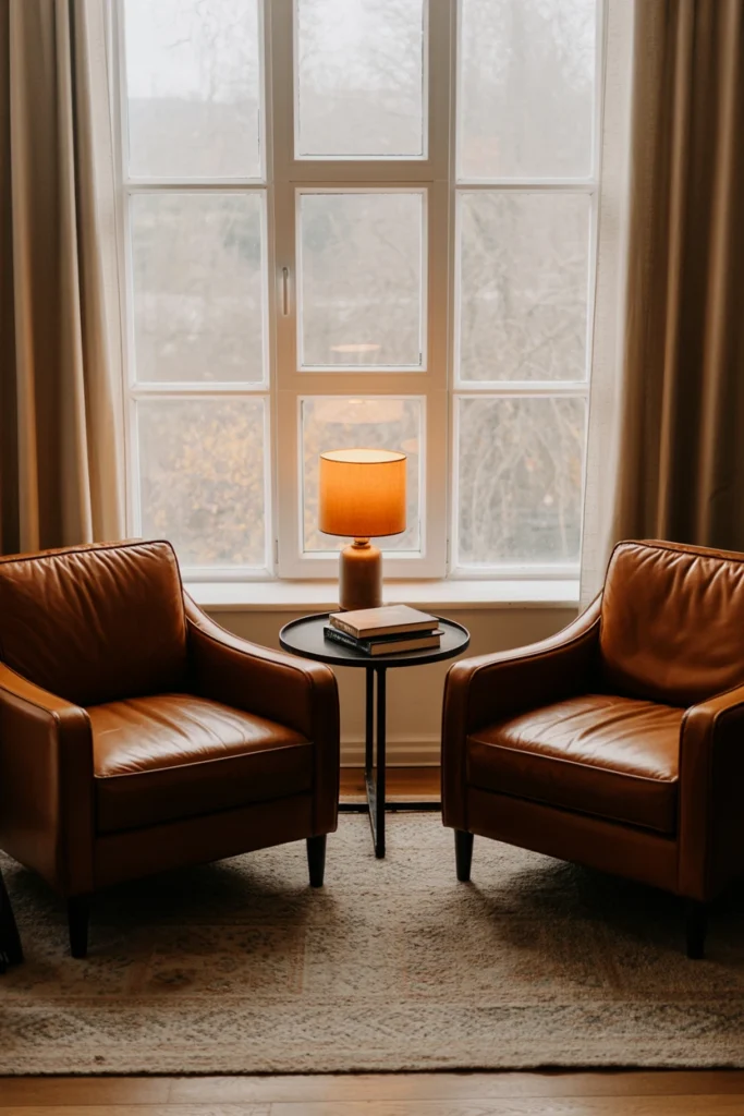 Two vintage leather armchairs facing each other near a window