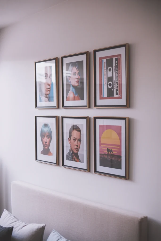 Gallery wall of pop art prints and cassette tape art above an 80s bedroom bed