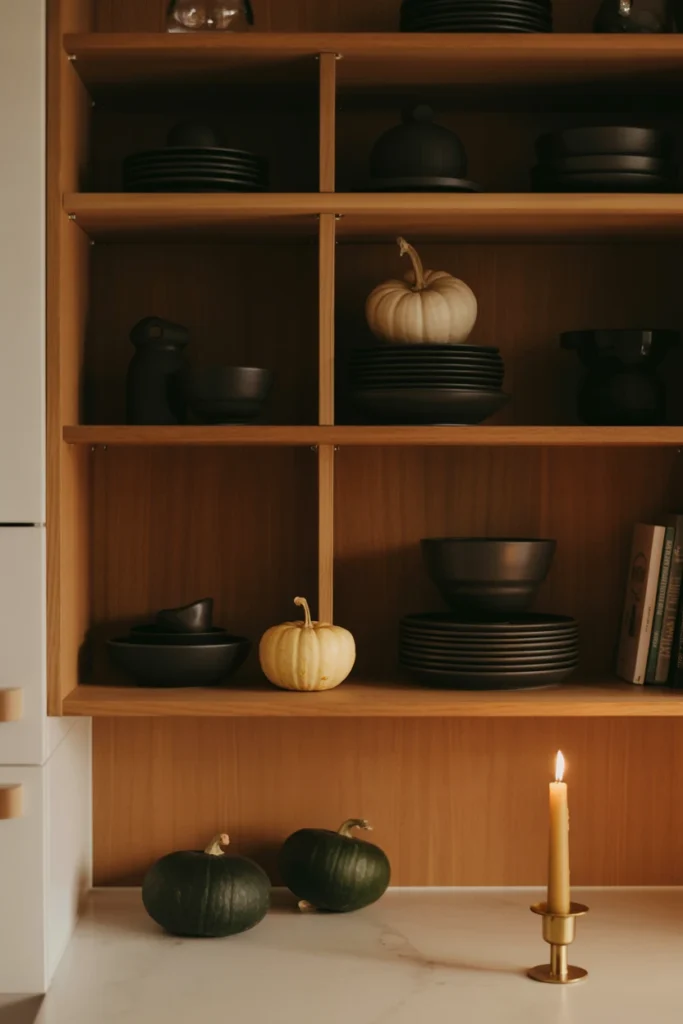 Open kitchen shelves styled with black ceramics and pumpkin accents