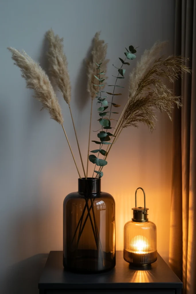 Dried pampas grass and eucalyptus in a black apothecary vase