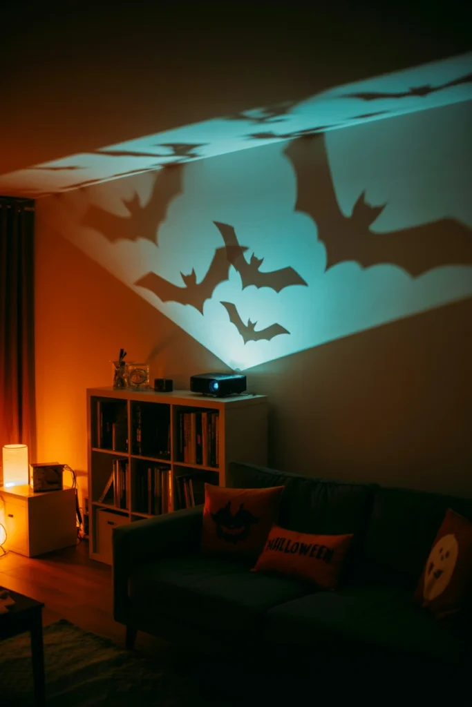 A halloween apartment living room with a projector casting moving bat silhouettes across the ceiling and far wall in a dark blue tint