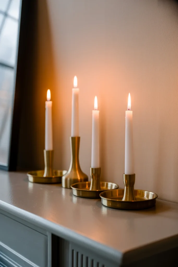 Mismatched brass taper candle holders at varying heights on a mantel