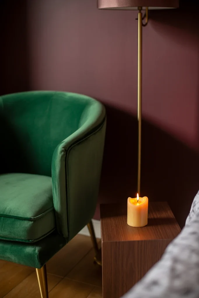 emerald velvet armchair with brass floor lamp beside it