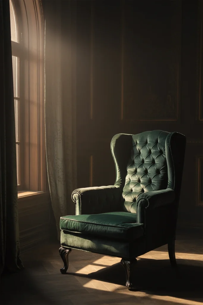 Oversized wingback chair in dark velvet in a gothic bedroom corner