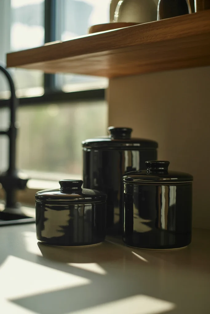 Matching black ceramic canisters on open kitchen shelf