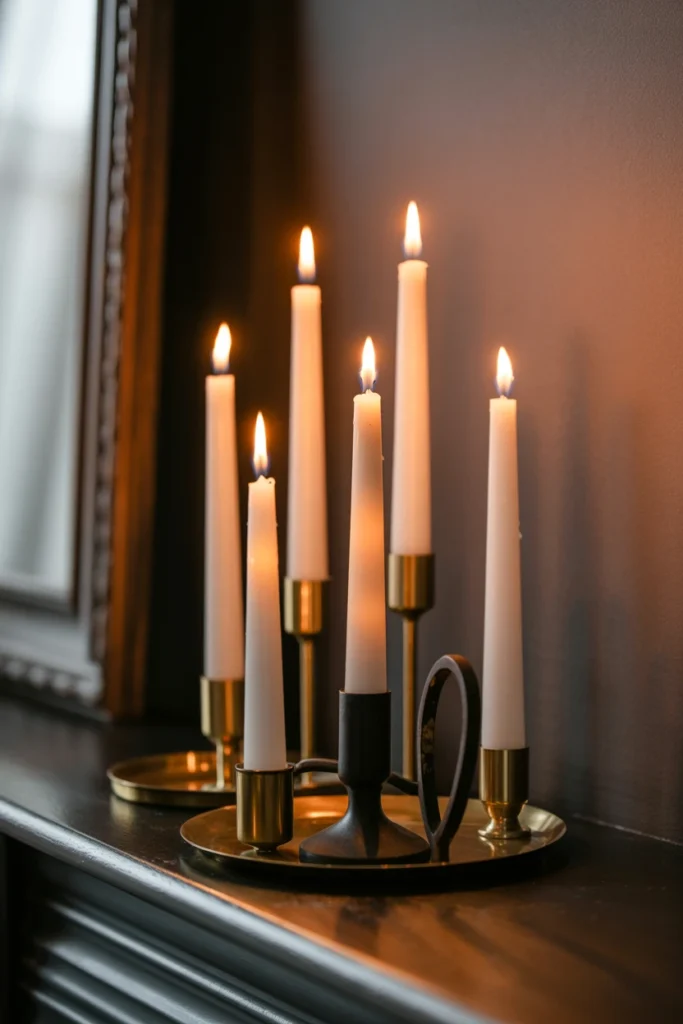 Taper candles at varying heights in mismatched brass holders