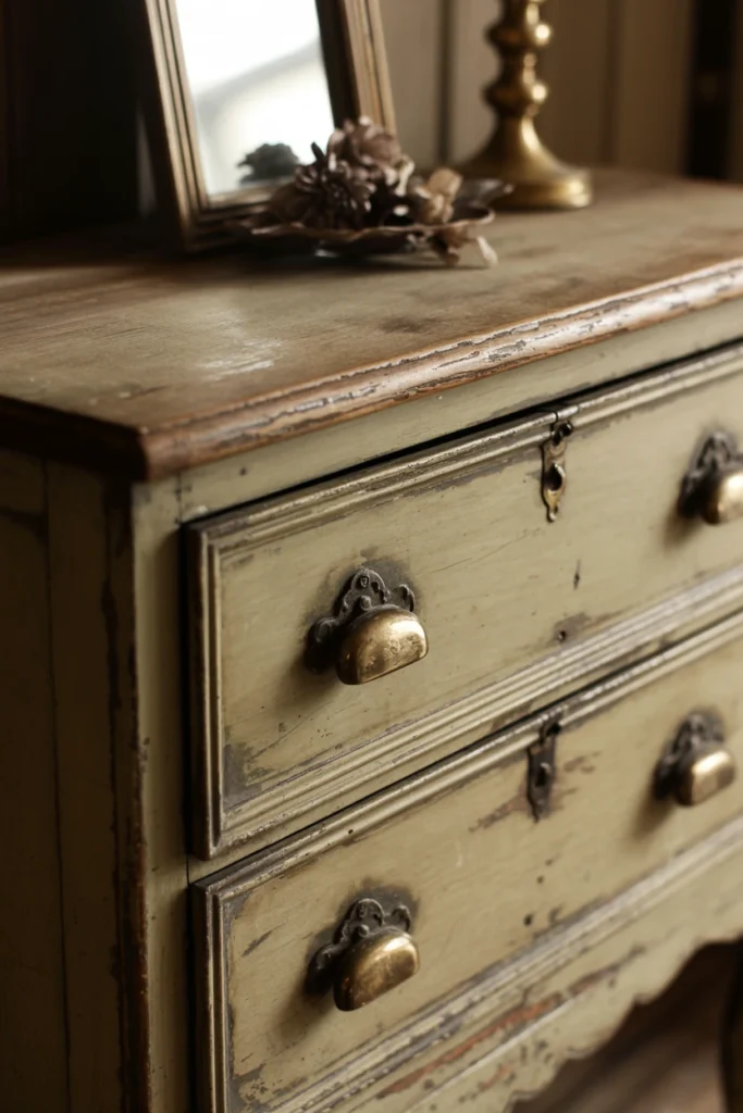 Thrifted antique dresser with visible patina and brass handles
