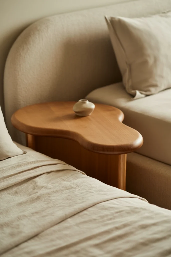 Curved side table replacing rectangular nightstand in whimsy bedroom