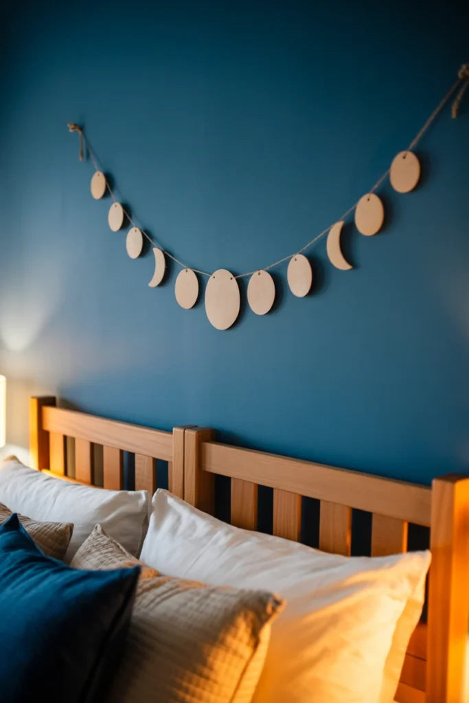 Moon phase garland hung above a bed headboard