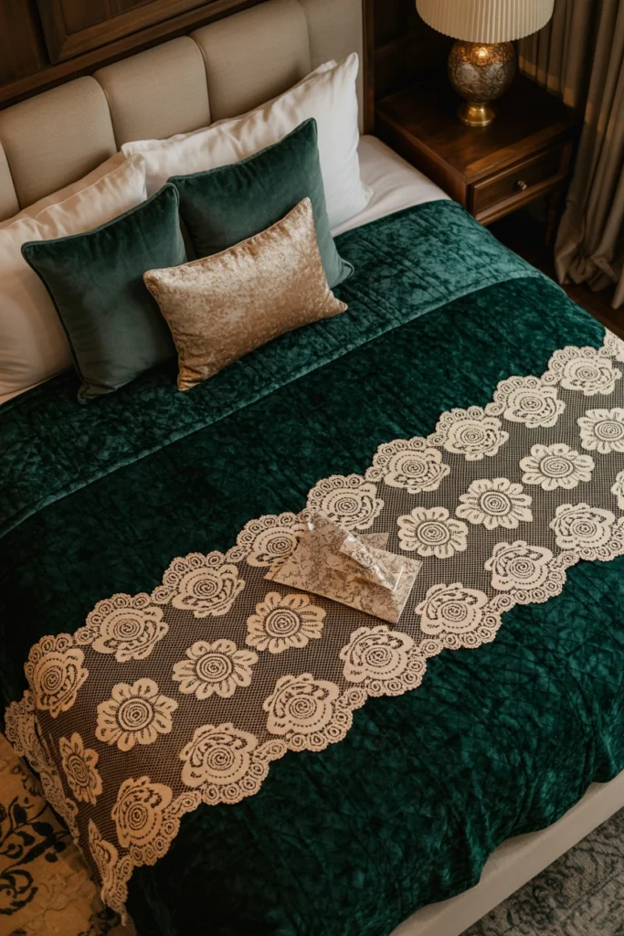 Layer velvet and lace bedding for period-accurate texture
