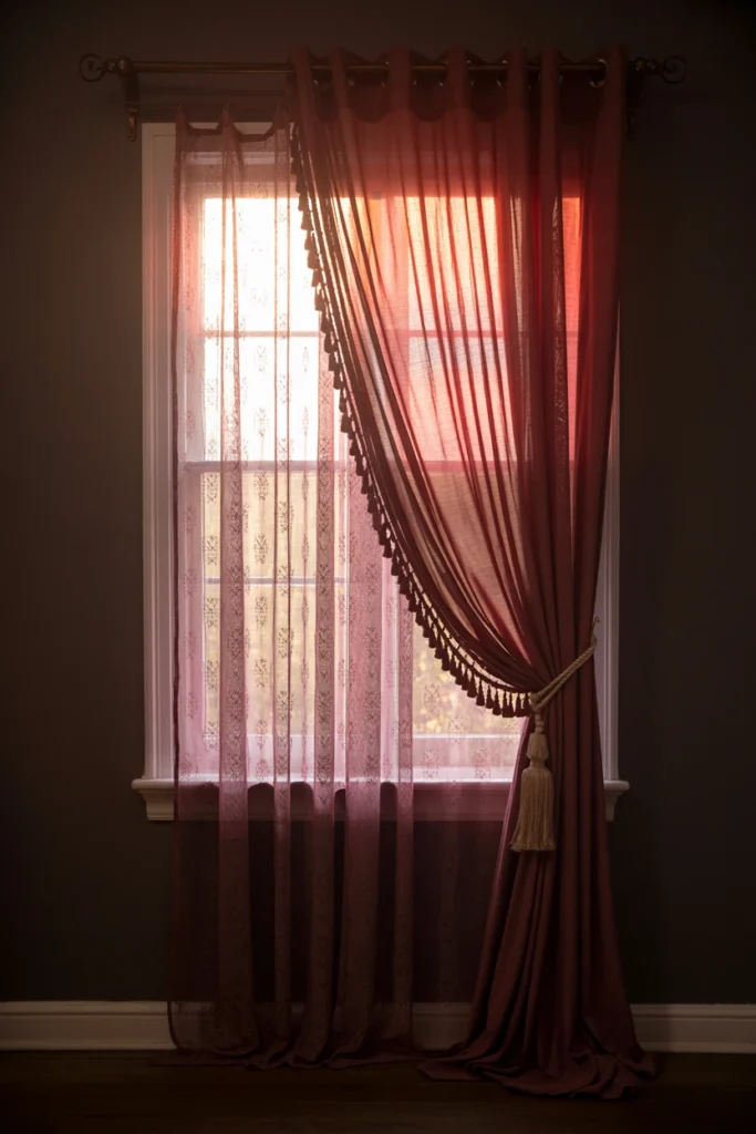 Layered lace and velvet curtains in dark bedroom