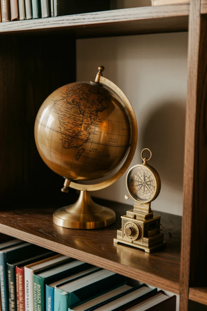 Vintage globe and brass compass displayed on a bookshelf